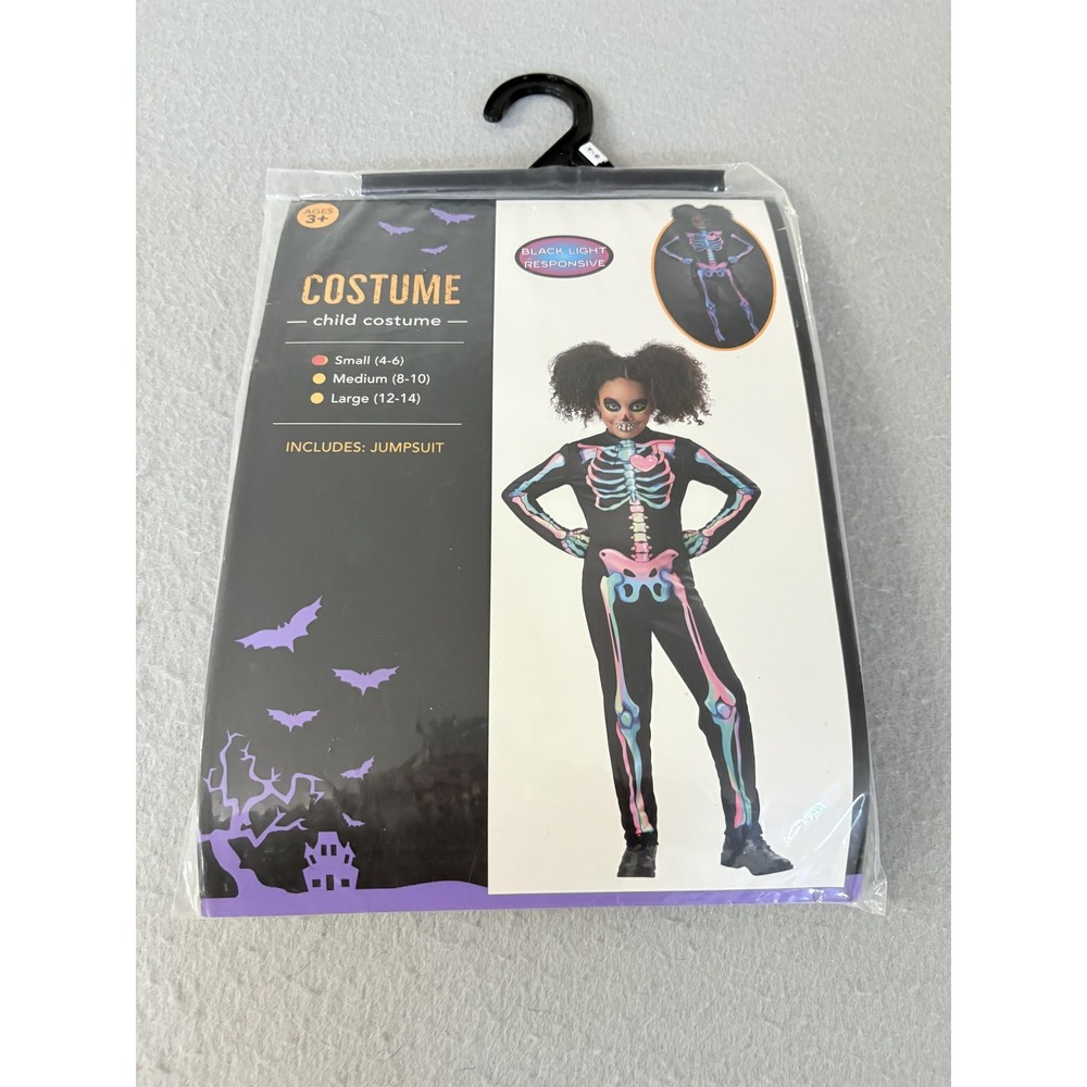 Skeleton Costume Jumpsuit Youth Black Light Reactive Neon Bones Black Small